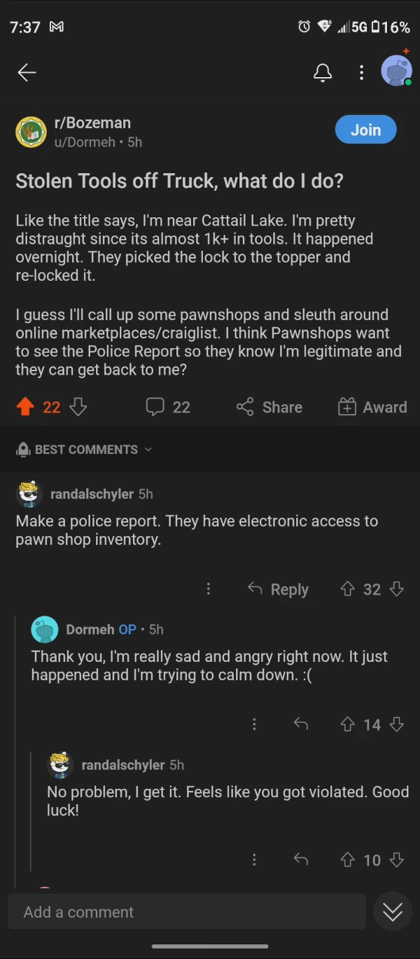 Screenshot of reddit post asking about stolen tools